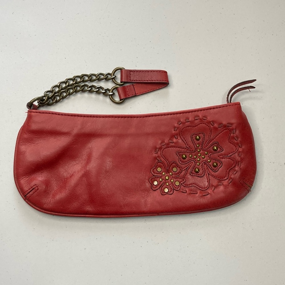 Fossil Red Leather Vintage Wristlet With Gold Studded Flower EXCELLENT COND.